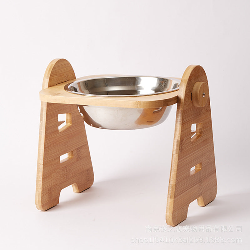 Medium And Large Dogs Dog Bowl Bamboo Stand Stainless Steel Double Bowl Pet Dog Bowl